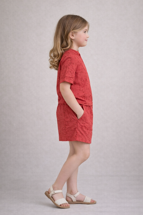 Rust Brown Half sleeve co-ordinate made in Floral Schiffli Cotton for kids