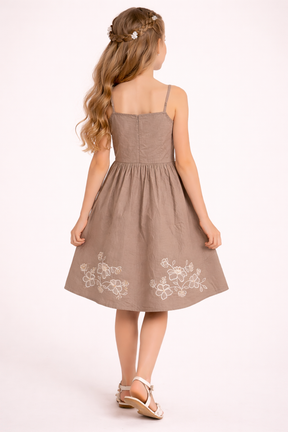 Floral Embroidered Brown Sleeveless Cotton Dress for Kids Girls