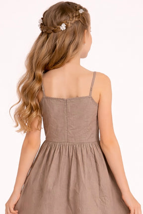 Floral Embroidered Brown Sleeveless Cotton Dress for Kids Girls