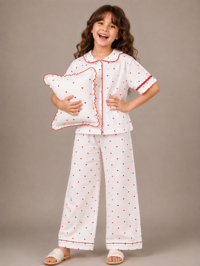Girls White Heart Print Wide-Leg Co-Ord Set