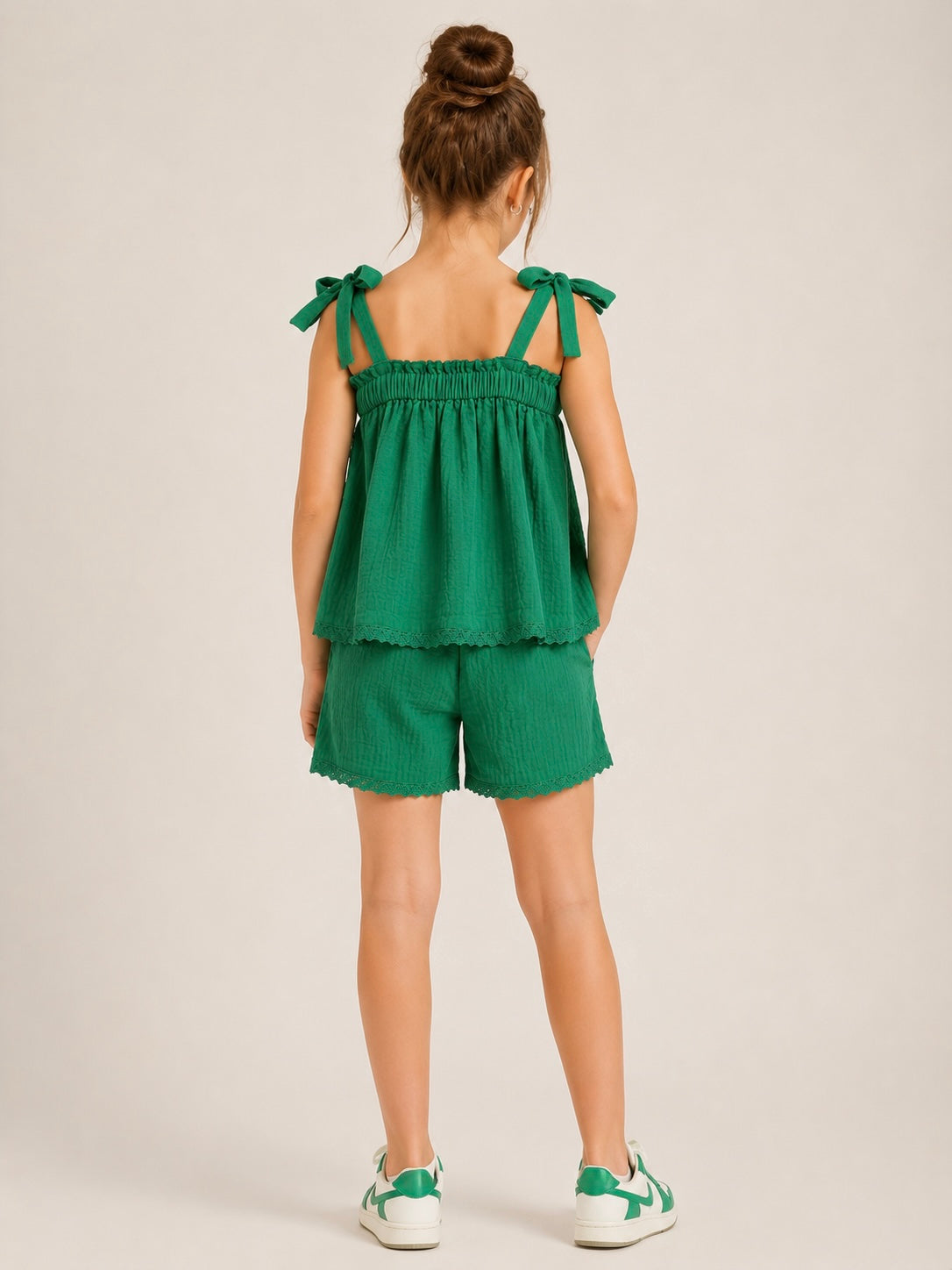 Pure Gauze Cotton Textured Green Spaghetti Top & Short Co-Ord for Kids Girls
