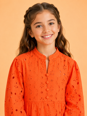 Girls Orange Eyelet Embroidered Tiered Dress