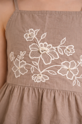 Floral Embroidered Brown Sleeveless Cotton Dress for Kids Girls