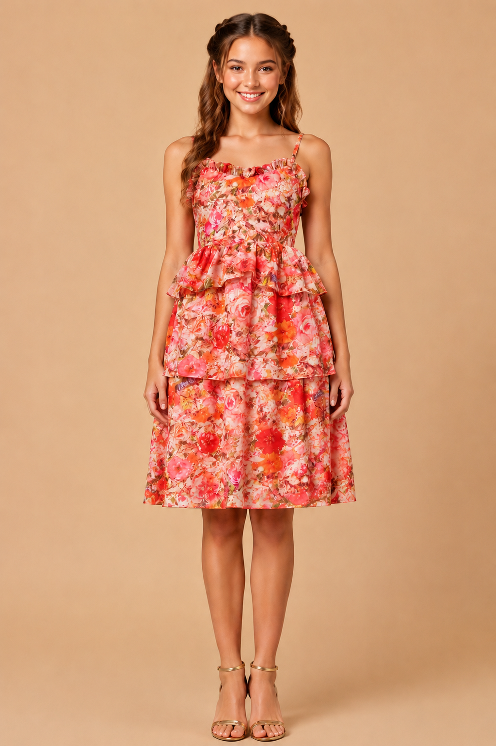 Orange Floral Printed Fit and Flare A line Midi Dress for Kids Girls