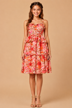 Orange Floral Printed Fit and Flare A line Midi Dress for Kids Girls