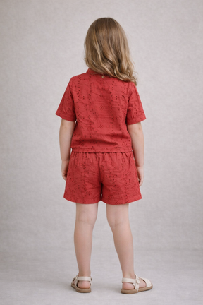 Rust Brown Half sleeve co-ordinate made in Floral Schiffli Cotton for kids