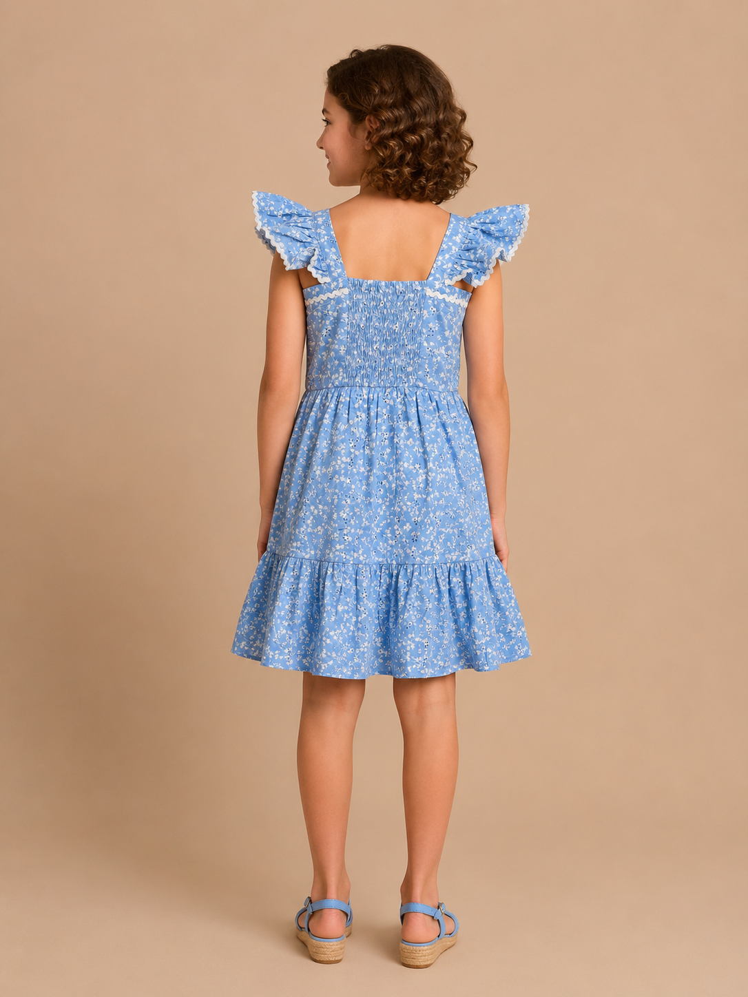 Floral Sky Blue Schiffli Sleeveless Dress for Kids Girl