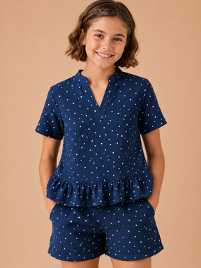 Pure Cotton Navy Textured Half Sleeve & Short Co-ord Set for Girls
