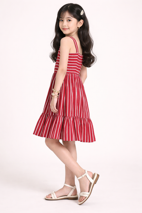 Fit & Flare A-line Pure Cotton Red & White Striped Dress for Girls