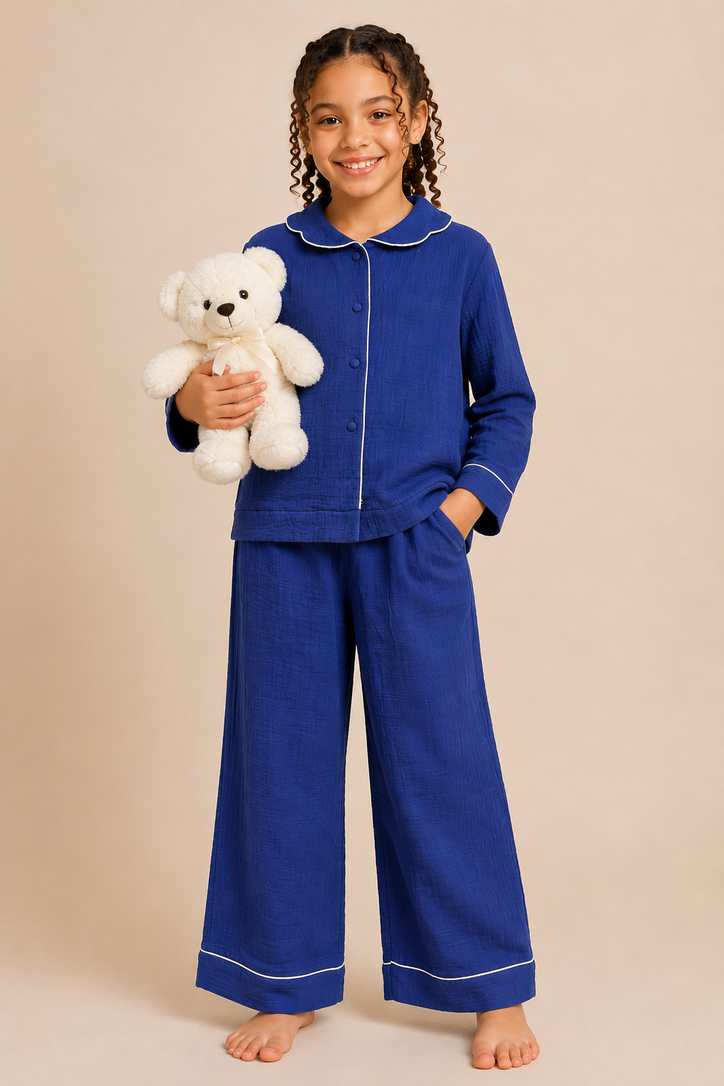 Girls Royal Blue Solid Pyjama Set