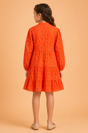 Girls Orange Eyelet Embroidered Tiered Dress