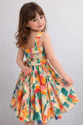 Multicolor Abstract Printed Cotton Blended Fit and Flare dress for Kids Girls