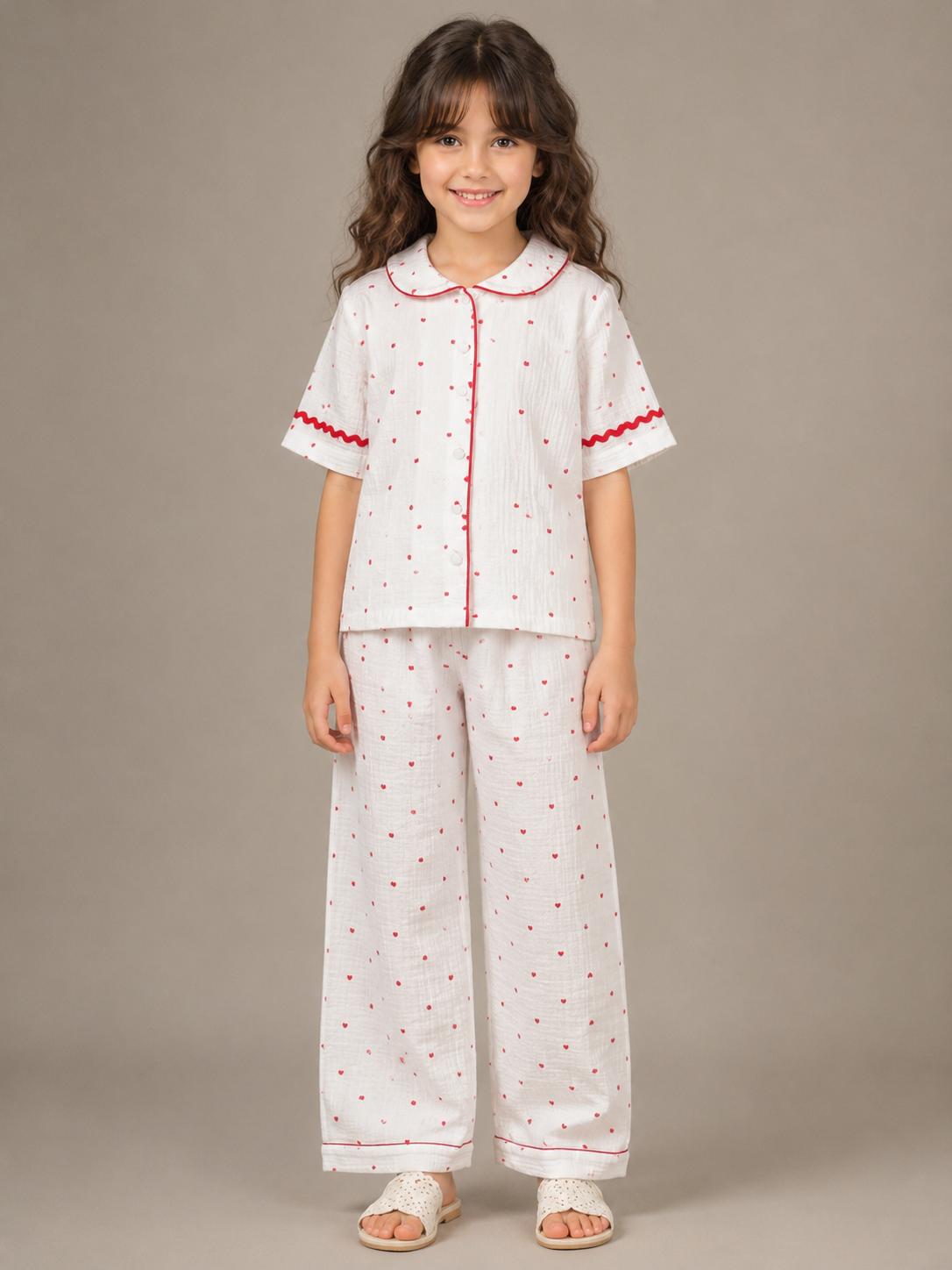 Girls White Heart Print Wide-Leg Co-Ord Set