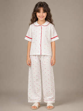 Girls White Heart Print Wide-Leg Co-Ord Set