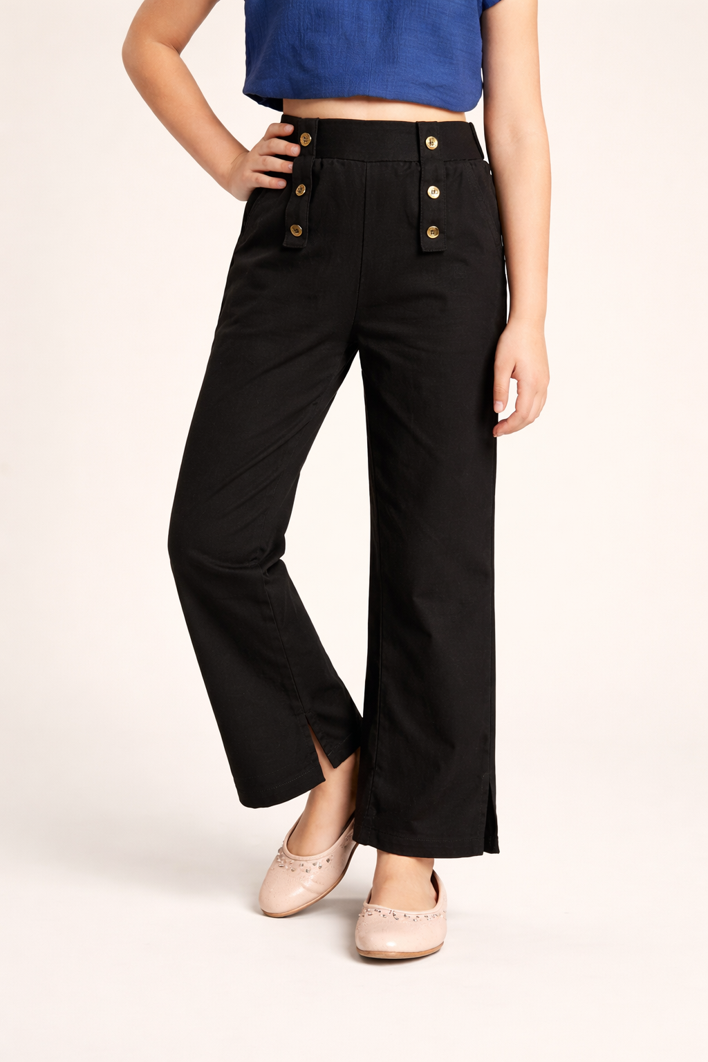 Stylish Black Trousers with Gold Button Details for Girls