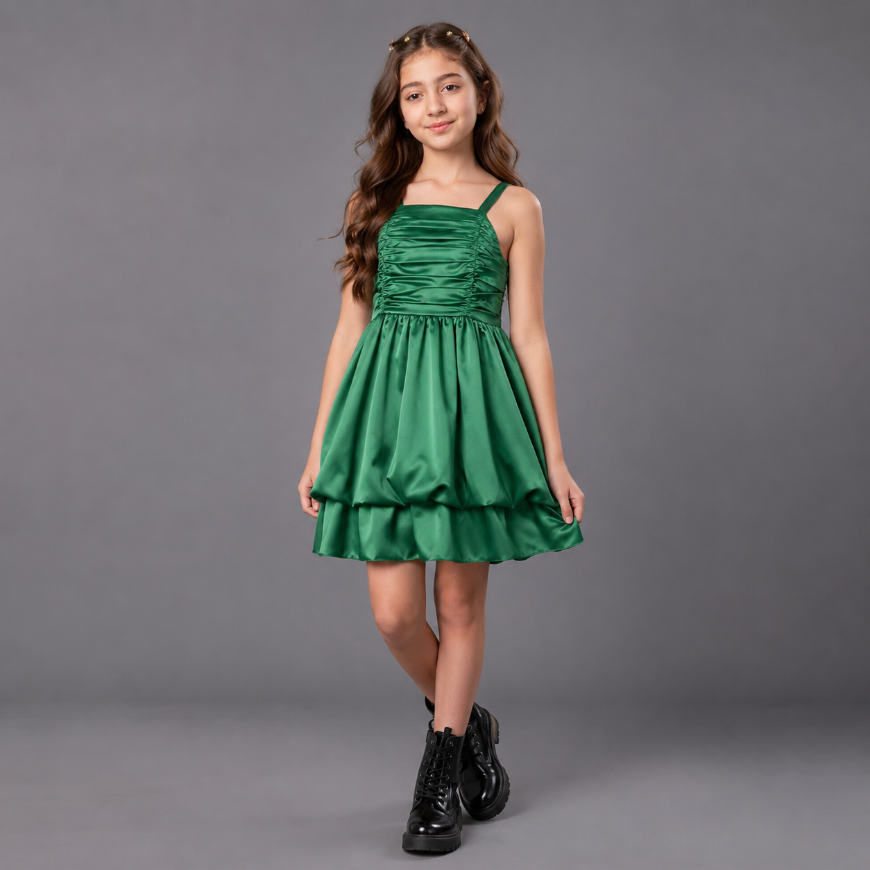Emerald Twirl Satin Dress