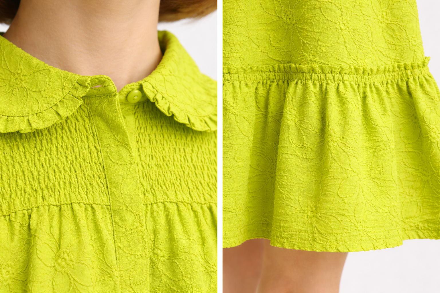 Pure Cotton Lime Green Shirt Collared Floral Embroidery Dress for Girls