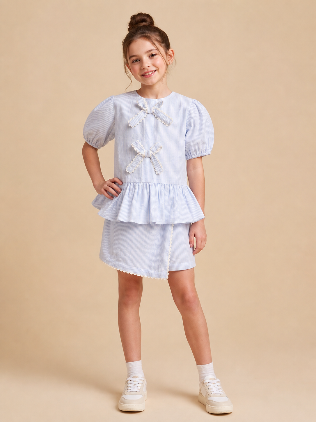 Powder Blue Striped Puff Sleeves Co-ord Set for Girls
