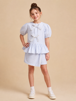 Powder Blue Striped Puff Sleeves Co-ord Set for Girls