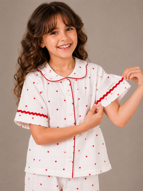 Girls White Heart Print Wide-Leg Co-Ord Set
