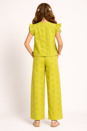 Mustard Yellow Foral Schiflli Sleeveless Co-ord Set for Kids Girls