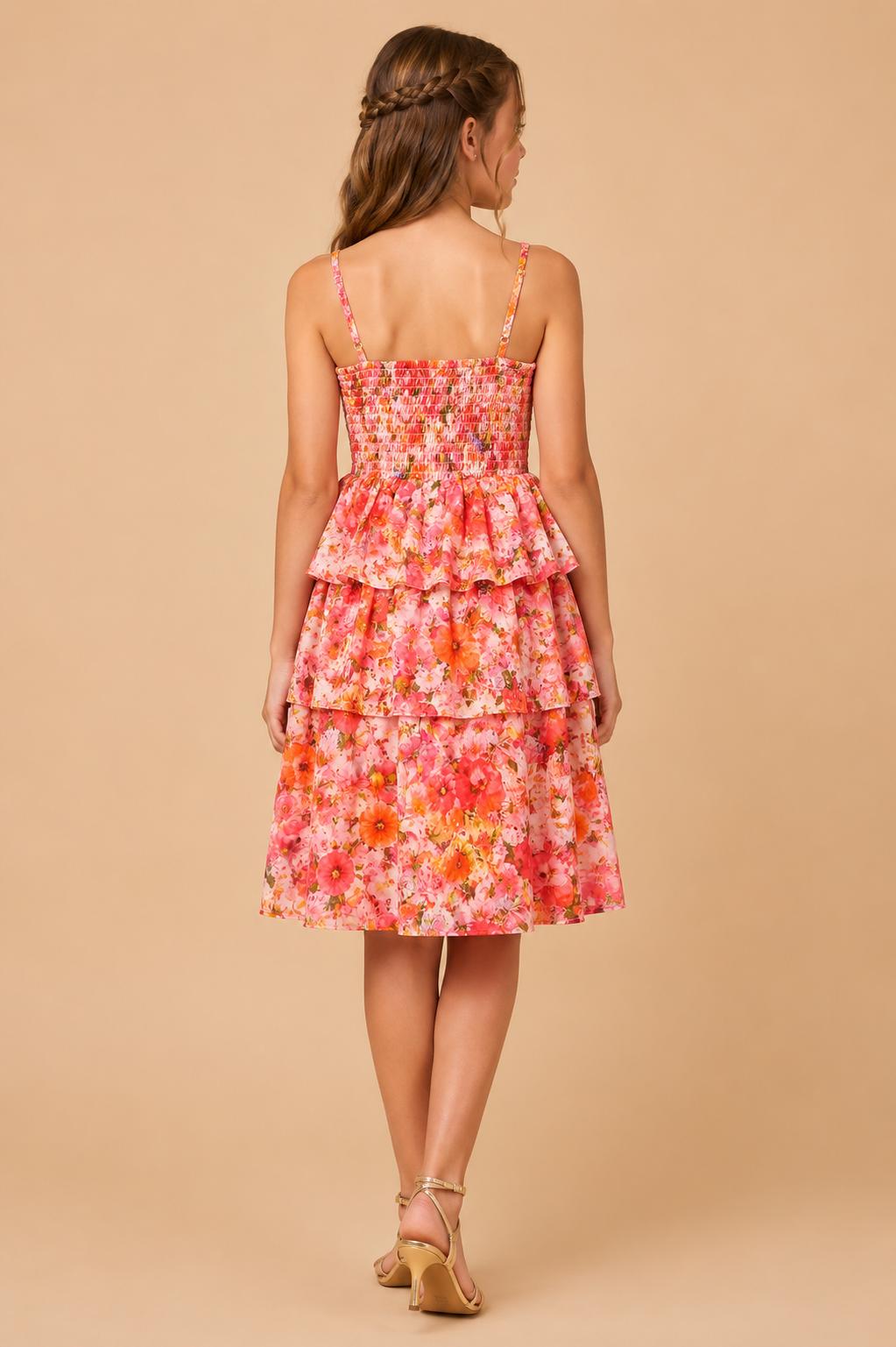 Orange Floral Printed Fit and Flare A line Midi Dress for Kids Girls