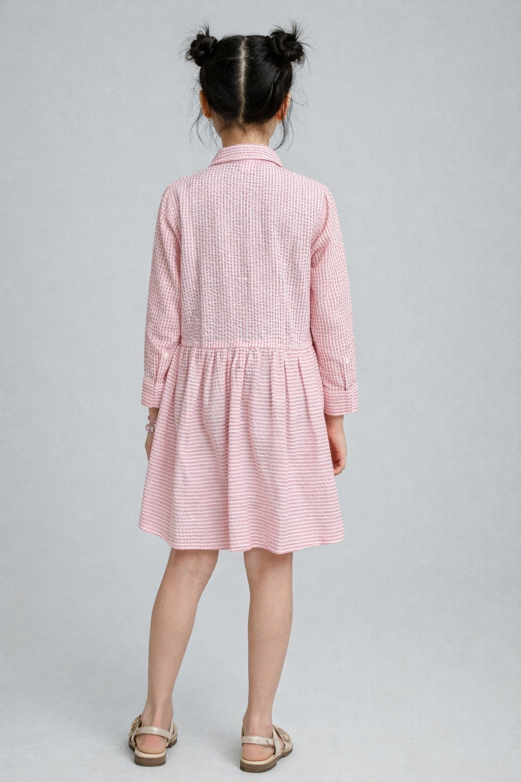 Pink White Collared Lining Front Open 3/4th Sleeves Shirt Dress for Kids Girls