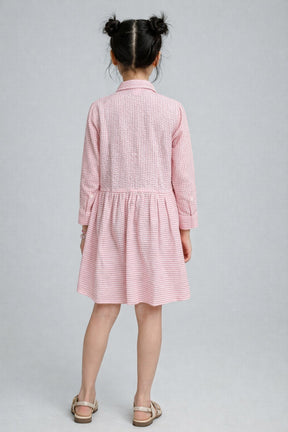 Pink White Collared Lining Front Open 3/4th Sleeves Shirt Dress for Kids Girls