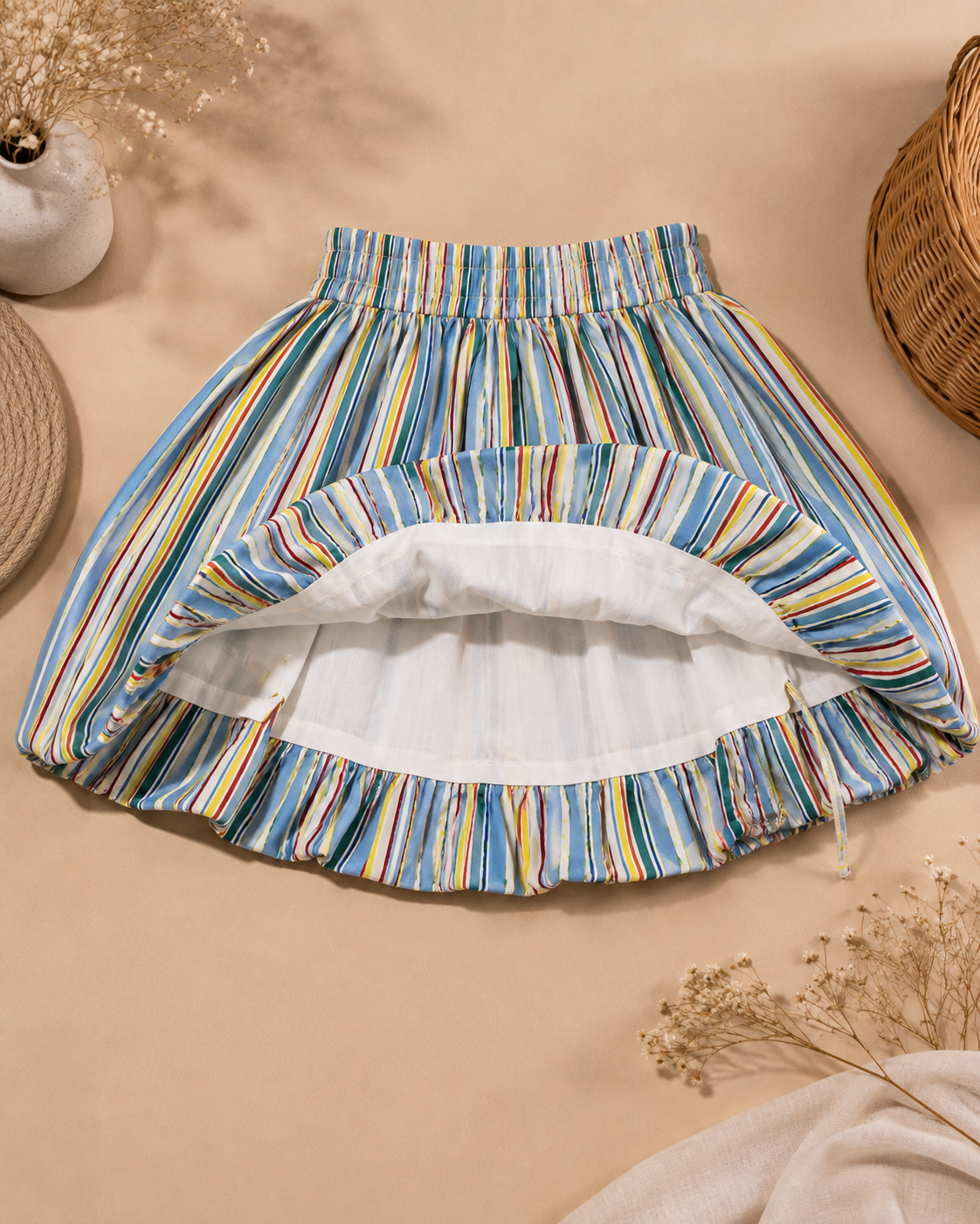 Pure Cotton Multicolor Striped Balloon Skirt for Girls