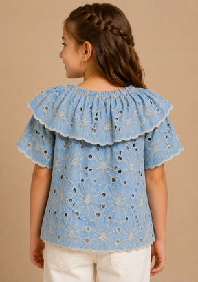 Round Neck Sky Blue Floral Schiffli Half Sleeve Top for Kids Girl