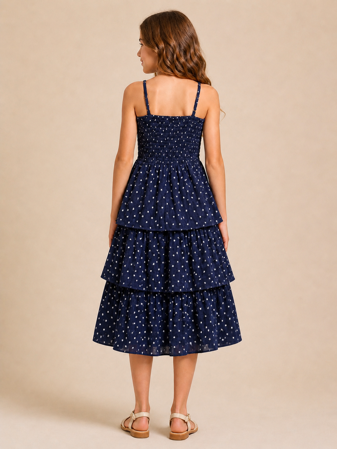 Pure Cotton Sleeveless Star Printed Navy Blue Midi Dress for Girls