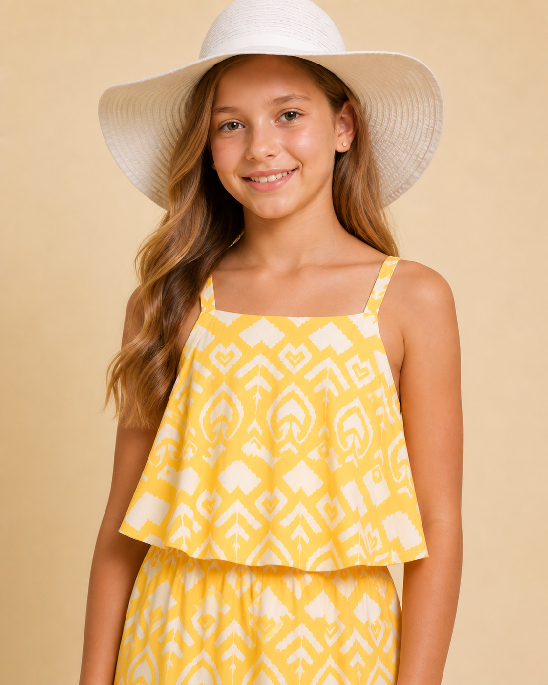 Wisteria Spegetti Casual Viscose Cotton Yellow Abstract Printed Dress for Girls
