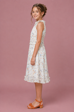 Daisy Dream Light Blue Floral Printed A-Line Dress in Georgette with Cotton Lining  for Girl