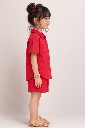 Half Sleeves Plain Bright Red Pure Cotton Shirt & Short Co-ord Set for Kids Girls