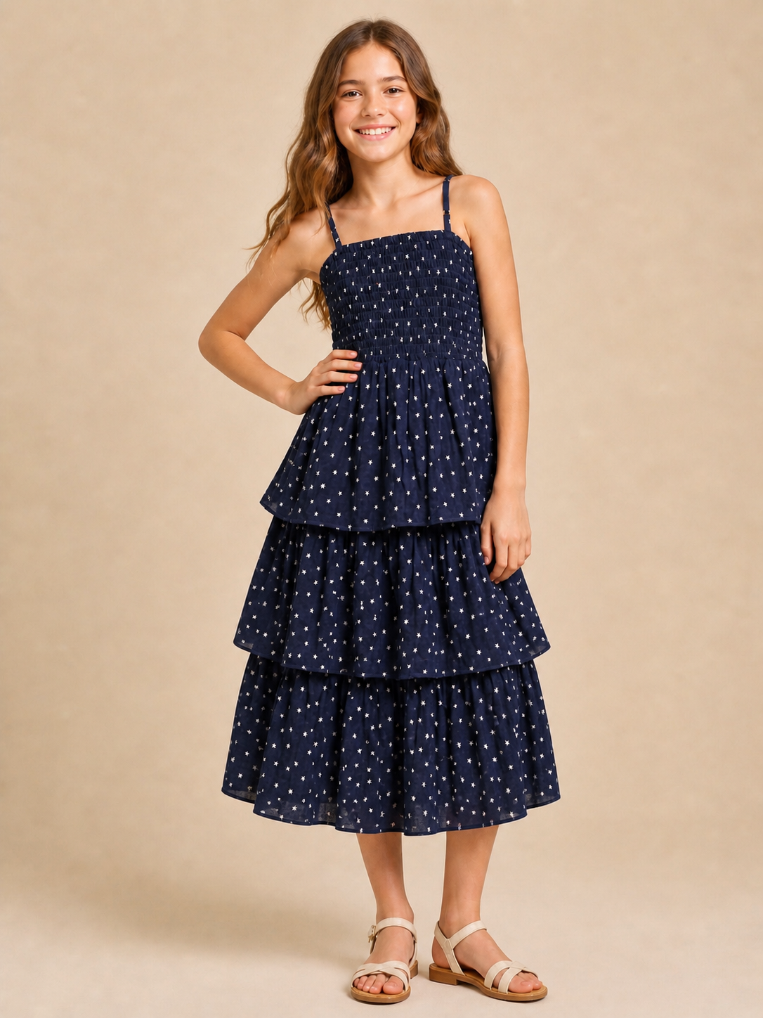 Pure Cotton Sleeveless Star Printed Navy Blue Midi Dress for Girls