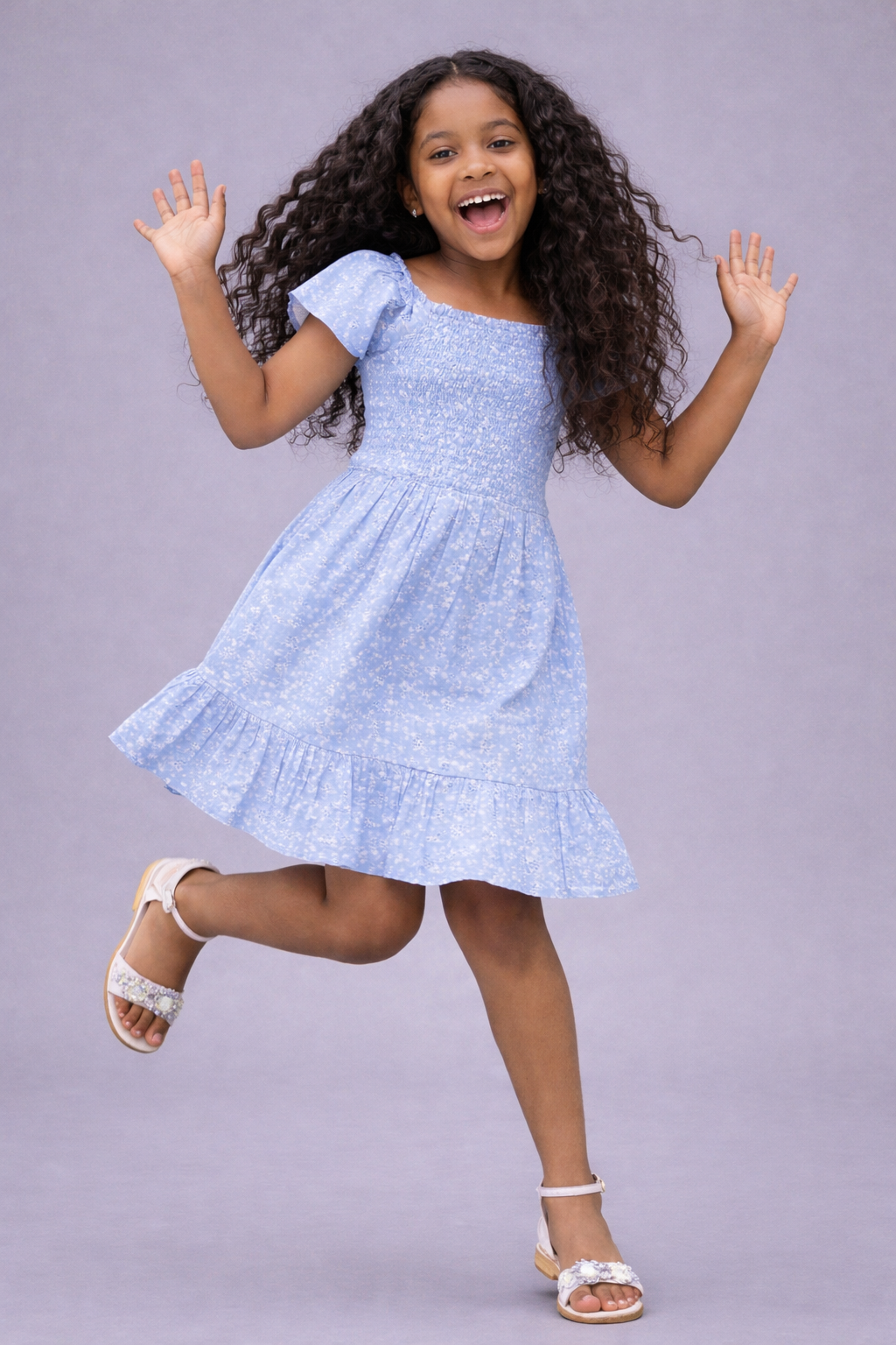 Blue Boat Neck Blossom Chic A-line Dress for girls in Cotton Schiffli