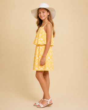 Wisteria Spegetti Casual Viscose Cotton Yellow Abstract Printed Dress for Girls