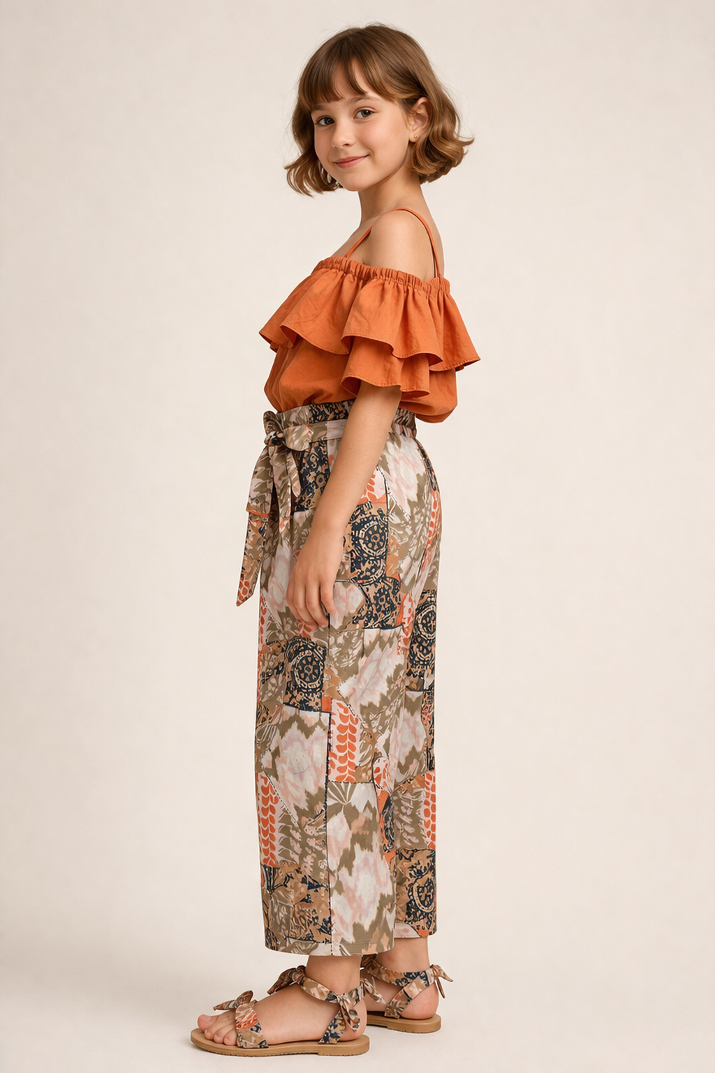 Orange Abstract Print Drop Shoulder Co-ord set for Girls