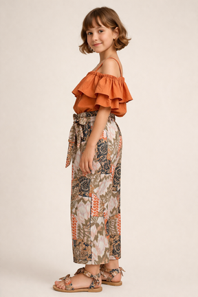 Orange Abstract Print Drop Shoulder Co-ord set for Girls