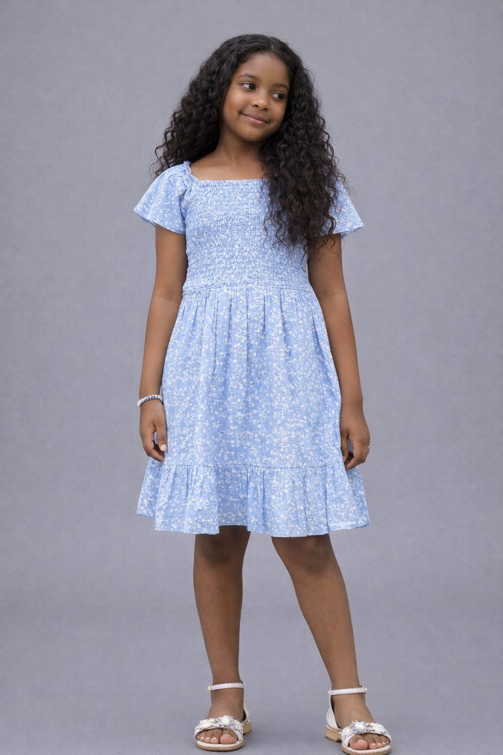 Blue Boat Neck Blossom Chic A-line Dress for girls in Cotton Schiffli