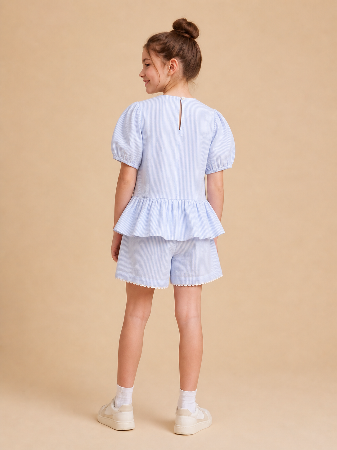 Powder Blue Striped Puff Sleeves Co-ord Set for Girls