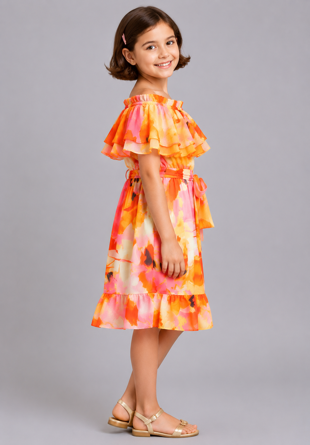Girls Floral Off-Shoulder Ruffle Dress