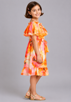 Girls Floral Off-Shoulder Ruffle Dress