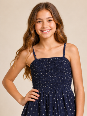Pure Cotton Sleeveless Star Printed Navy Blue Midi Dress for Girls
