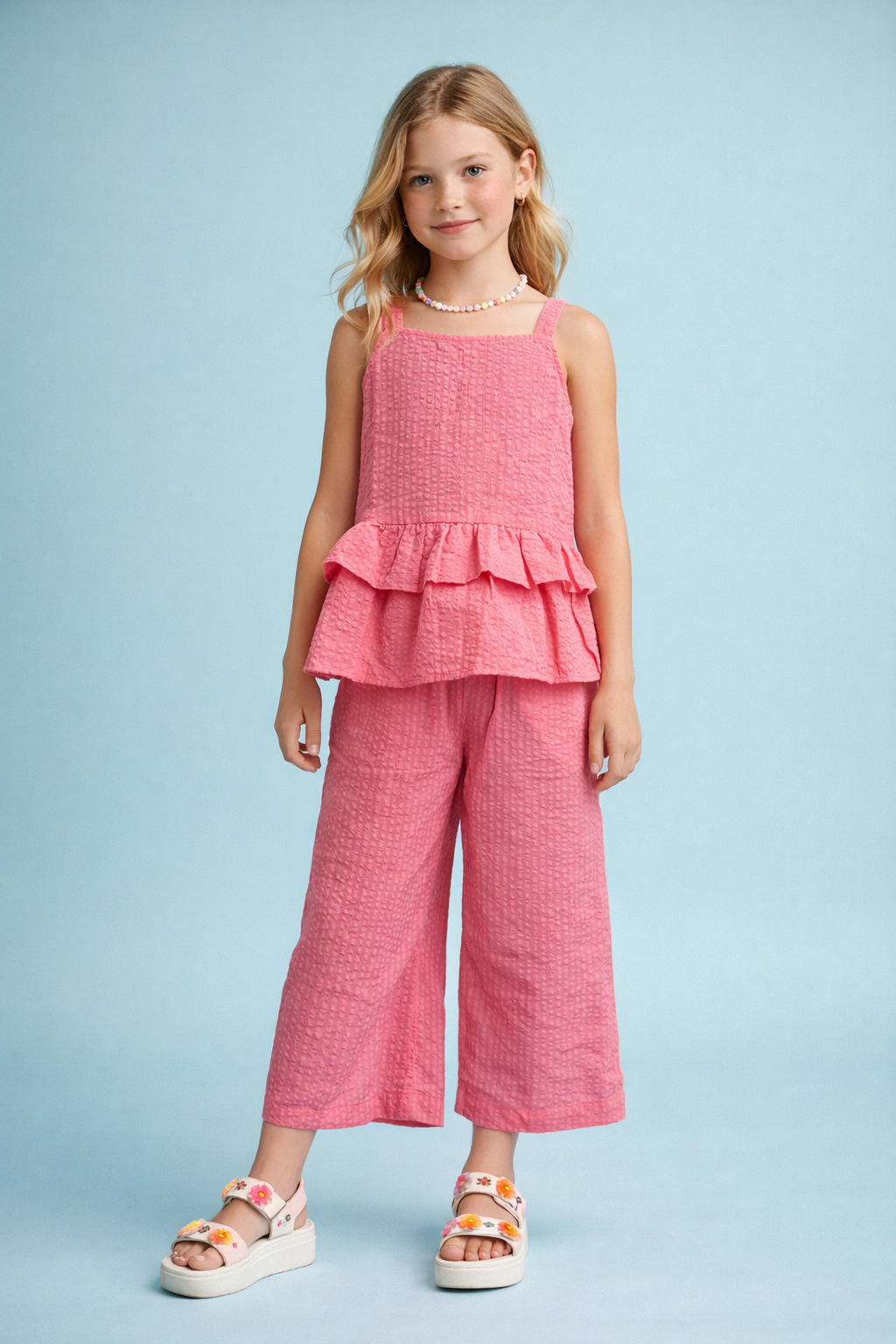 Seer Sucker Cotton Sleeveless Rose Pink Co-ord set for Girls