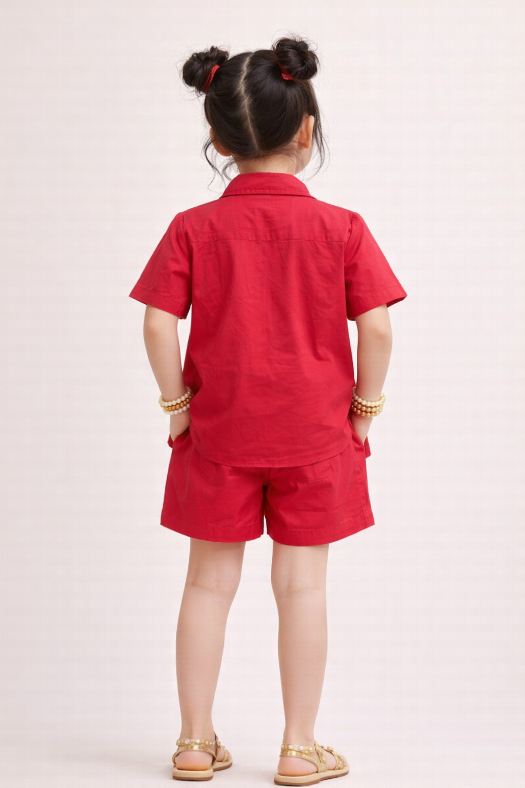 Half Sleeves Plain Bright Red Pure Cotton Shirt & Short Co-ord Set for Kids Girls