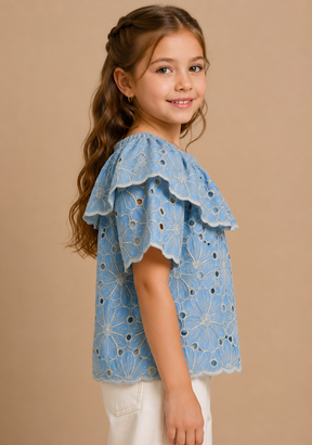 Round Neck Sky Blue Floral Schiffli Half Sleeve Top for Kids Girl