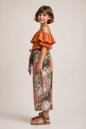 Orange Abstract Print Drop Shoulder Co-ord set for Girls