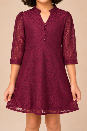 Erica Wine Lace Partwear Dress for Girls