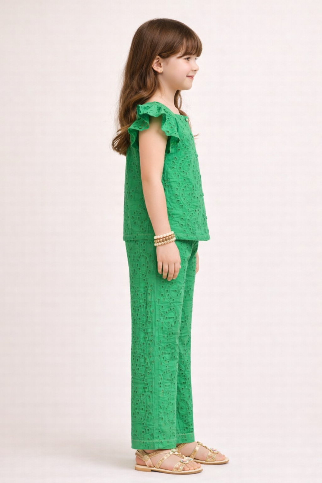 Bright Green Floral Schiffli Co-ord Set for Girls